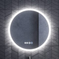   HD Sofia 60 cm széles fali kerek LED okostükör ambient világítással, érintőkapcsolóval, digitális órával és páramentesítő funkcióval