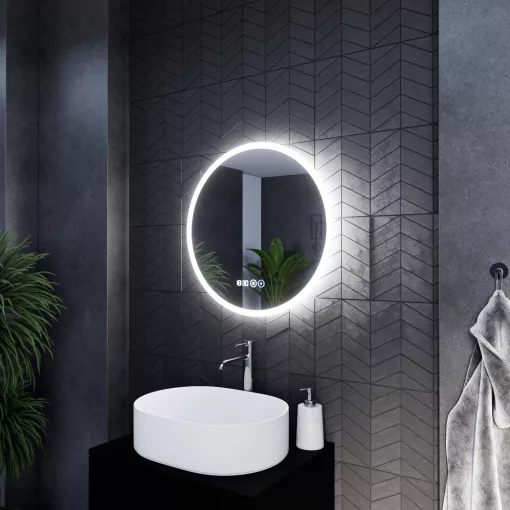 HD Sofia 60 cm széles fali kerek LED okostükör ambient világítással, érintőkapcsolóval, digitális órával és páramentesítő funkcióval