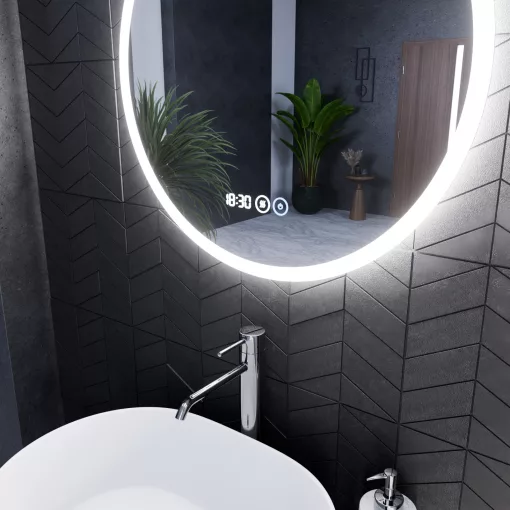 HD Sofia 60 cm széles fali kerek LED okostükör ambient világítással, érintőkapcsolóval, digitális órával és páramentesítő funkcióval