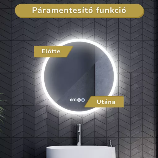 HD Sofia 60 cm széles fali kerek LED okostükör ambient világítással, érintőkapcsolóval, digitális órával és páramentesítő funkcióval