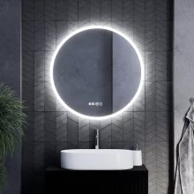 HD Sofia 80 cm széles fali kerek LED okostükör ambient világítással, érintőkapcsolóval, digitális órával és páramentesítő funkcióval