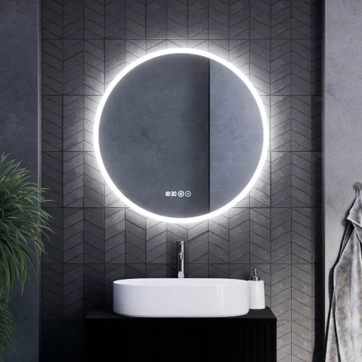 HD Sofia 80 cm széles fali kerek LED okostükör ambient világítással, érintőkapcsolóval, digitális órával és páramentesítő funkcióval