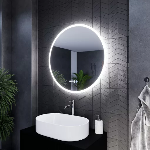 HD Sofia 80 cm széles fali kerek LED okostükör ambient világítással, érintőkapcsolóval, digitális órával és páramentesítő funkcióval