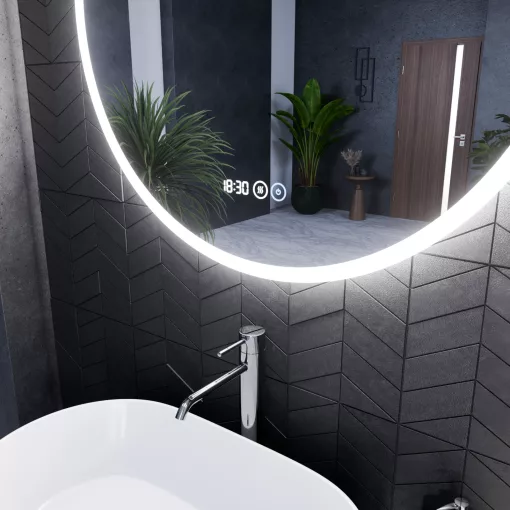 HD Sofia 80 cm széles fali kerek LED okostükör ambient világítással, érintőkapcsolóval, digitális órával és páramentesítő funkcióval
