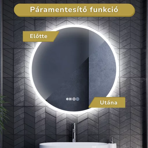 HD Sofia 80 cm széles fali kerek LED okostükör ambient világítással, érintőkapcsolóval, digitális órával és páramentesítő funkcióval