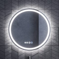   HD Split 60 cm széles fali kerek LED okostükör ambient világítással, érintőkapcsolóval, digitális órával és páramentesítő funkcióval