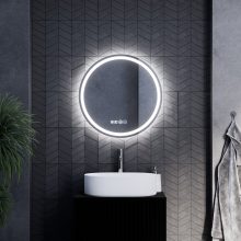 HD Split 60 cm széles fali kerek LED okostükör ambient világítással, érintőkapcsolóval, digitális órával és páramentesítő funkcióval