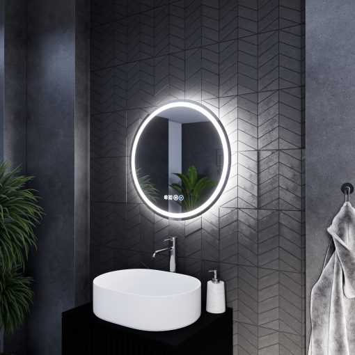 HD Split 60 cm széles fali kerek LED okostükör ambient világítással, érintőkapcsolóval, digitális órával és páramentesítő funkcióval