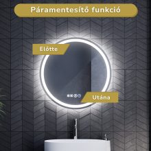 HD Split 60 cm széles fali kerek LED okostükör ambient világítással, érintőkapcsolóval, digitális órával és páramentesítő funkcióval