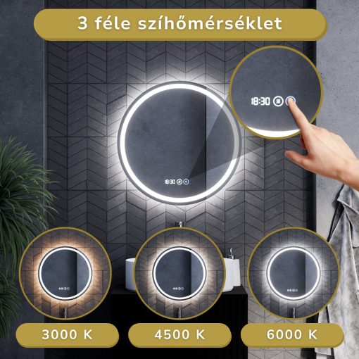 HD Split 60 cm széles fali kerek LED okostükör ambient világítással, érintőkapcsolóval, digitális órával és páramentesítő funkcióval