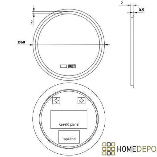 HD Split 60 cm széles fali kerek LED okostükör ambient világítással, érintőkapcsolóval, digitális órával és páramentesítő funkcióval