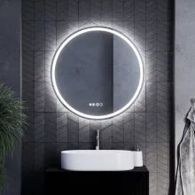 HD Split 80 cm széles fali kerek LED okostükör ambient világítással, érintőkapcsolóval, digitális órával és páramentesítő funkcióval