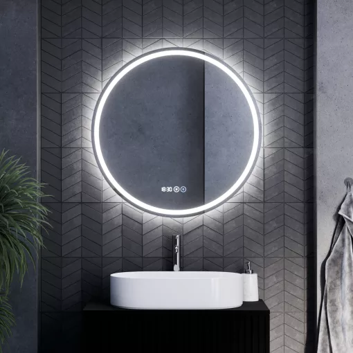 HD Split 80 cm széles fali kerek LED okostükör ambient világítással, érintőkapcsolóval, digitális órával és páramentesítő funkcióval