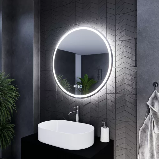 HD Split 80 cm széles fali kerek LED okostükör ambient világítással, érintőkapcsolóval, digitális órával és páramentesítő funkcióval
