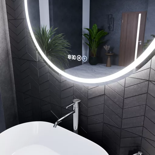 HD Split 80 cm széles fali kerek LED okostükör ambient világítással, érintőkapcsolóval, digitális órával és páramentesítő funkcióval