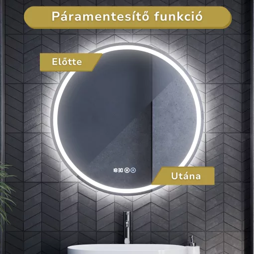 HD Split 80 cm széles fali kerek LED okostükör ambient világítással, érintőkapcsolóval, digitális órával és páramentesítő funkcióval