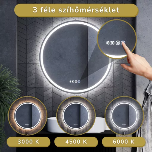 HD Split 80 cm széles fali kerek LED okostükör ambient világítással, érintőkapcsolóval, digitális órával és páramentesítő funkcióval