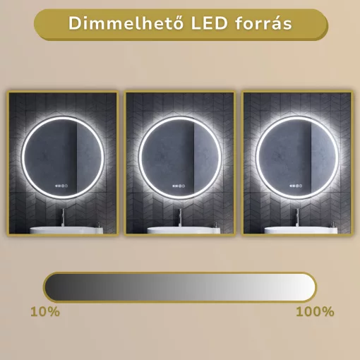 HD Split 80 cm széles fali kerek LED okostükör ambient világítással, érintőkapcsolóval, digitális órával és páramentesítő funkcióval