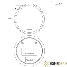 HD Split 80 cm széles fali kerek LED okostükör ambient világítással, érintőkapcsolóval, digitális órával és páramentesítő funkcióval