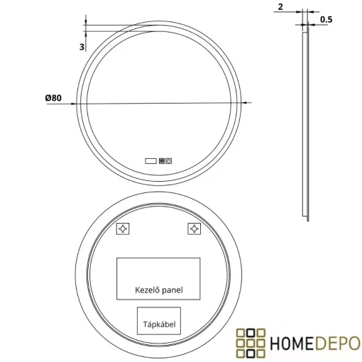 HD Split 80 cm széles fali kerek LED okostükör ambient világítással, érintőkapcsolóval, digitális órával és páramentesítő funkcióval