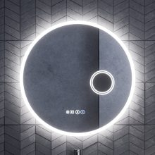 HD Barcelona 70 cm széles fali kerek LED okostükör kozmetikai tükörrel, ambient világítással, érintőkapcsolóval, digitális órával és páramentesítő funkcióval
