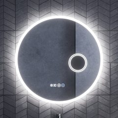   HD Barcelona 70 cm széles fali kerek LED okostükör kozmetikai tükörrel, ambient világítással, érintőkapcsolóval, digitális órával és páramentesítő funkcióval