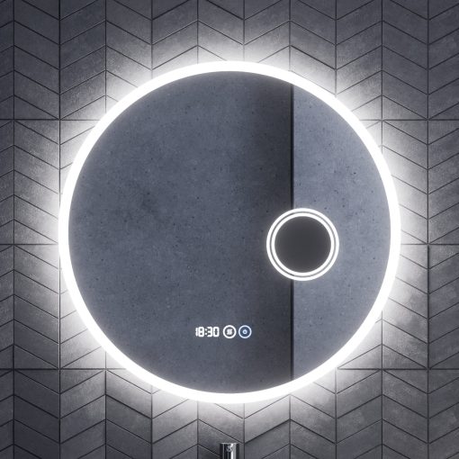 HD Barcelona 70 cm széles fali kerek LED okostükör kozmetikai tükörrel, ambient világítással, érintőkapcsolóval, digitális órával és páramentesítő funkcióval