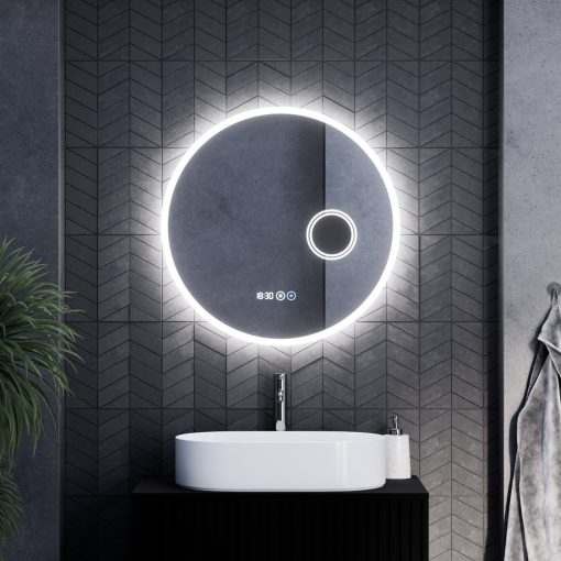 HD Barcelona 70 cm széles fali kerek LED okostükör kozmetikai tükörrel, ambient világítással, érintőkapcsolóval, digitális órával és páramentesítő funkcióval