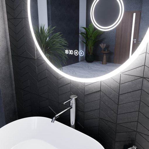 HD Barcelona 70 cm széles fali kerek LED okostükör kozmetikai tükörrel, ambient világítással, érintőkapcsolóval, digitális órával és páramentesítő funkcióval