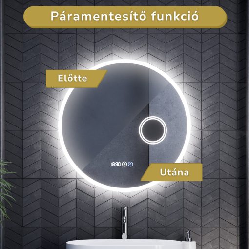 HD Barcelona 70 cm széles fali kerek LED okostükör kozmetikai tükörrel, ambient világítással, érintőkapcsolóval, digitális órával és páramentesítő funkcióval