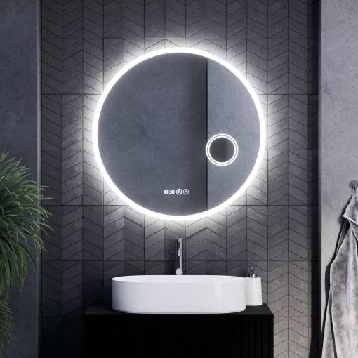 HD Barcelona 80 cm széles fali kerek LED okostükör kozmetikai tükörrel, ambient világítással, érintőkapcsolóval, digitális órával és páramentesítő funkcióval