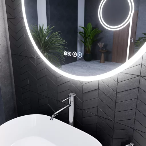 HD Barcelona 80 cm széles fali kerek LED okostükör kozmetikai tükörrel, ambient világítással, érintőkapcsolóval, digitális órával és páramentesítő funkcióval