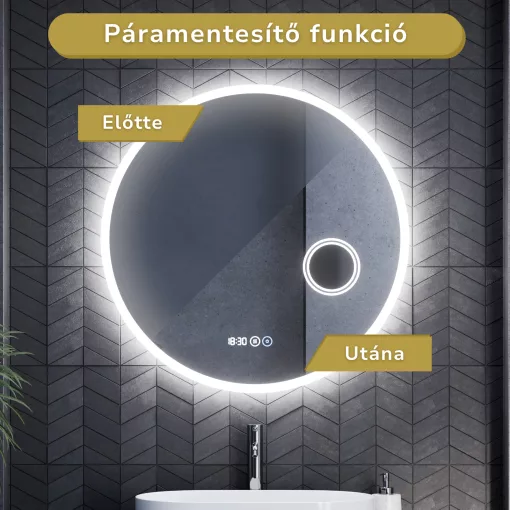 HD Barcelona 80 cm széles fali kerek LED okostükör kozmetikai tükörrel, ambient világítással, érintőkapcsolóval, digitális órával és páramentesítő funkcióval