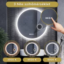 HD Barcelona 80 cm széles fali kerek LED okostükör kozmetikai tükörrel, ambient világítással, érintőkapcsolóval, digitális órával és páramentesítő funkcióval