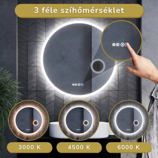HD Barcelona 80 cm széles fali kerek LED okostükör kozmetikai tükörrel, ambient világítással, érintőkapcsolóval, digitális órával és páramentesítő funkcióval