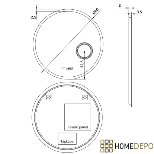 HD Barcelona 80 cm széles fali kerek LED okostükör kozmetikai tükörrel, ambient világítással, érintőkapcsolóval, digitális órával és páramentesítő funkcióval