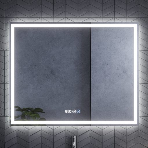 HD Firenze 100 cm széles fali szögletes LED okostükör ambient világítással, érintőkapcsolóval, digitális órával és páramentesítő funkcióval