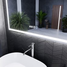 HD Firenze 100 cm széles fali szögletes LED okostükör ambient világítással, érintőkapcsolóval, digitális órával és páramentesítő funkcióval