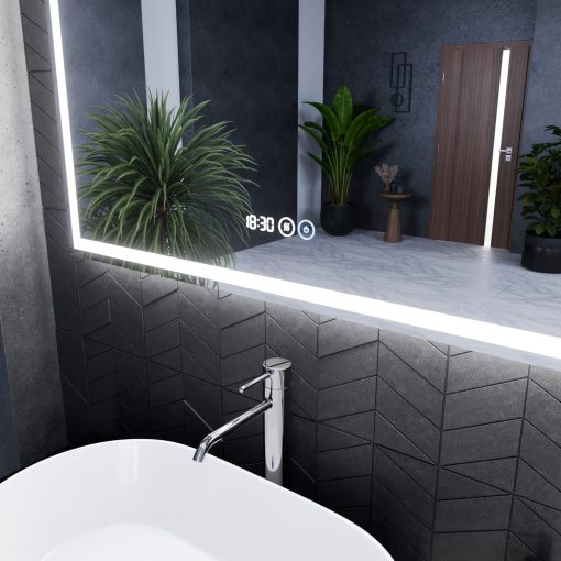 HD Firenze 100 cm széles fali szögletes LED okostükör ambient világítással, érintőkapcsolóval, digitális órával és páramentesítő funkcióval