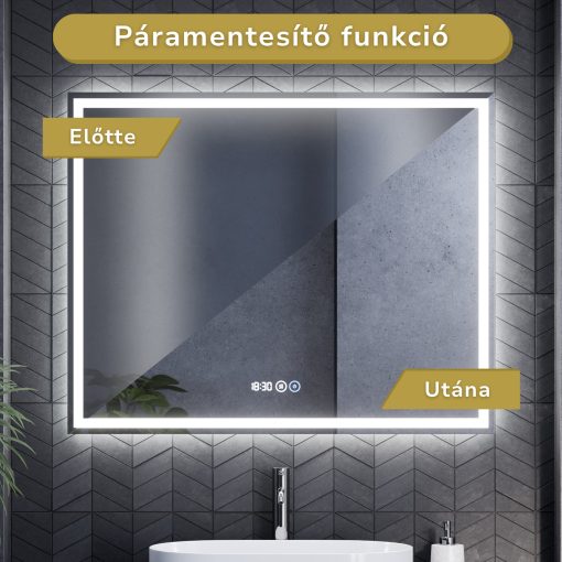 HD Firenze 100 cm széles fali szögletes LED okostükör ambient világítással, érintőkapcsolóval, digitális órával és páramentesítő funkcióval