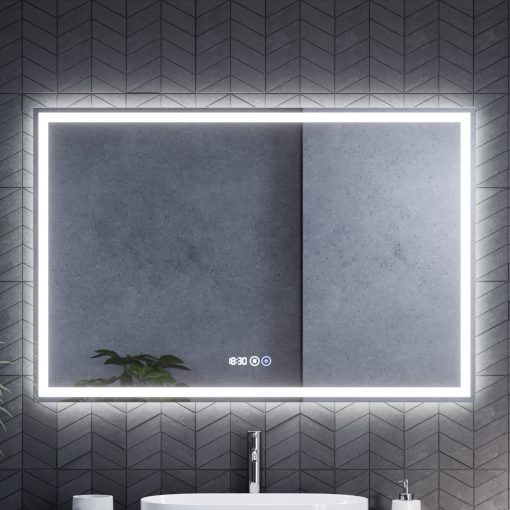 HD Firenze 120 cm széles fali szögletes LED okostükör ambient világítással, érintőkapcsolóval, digitális órával és páramentesítő funkcióval
