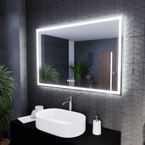 HD Firenze 120 cm széles fali szögletes LED okostükör ambient világítással, érintőkapcsolóval, digitális órával és páramentesítő funkcióval