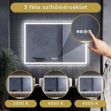 HD Firenze 120 cm széles fali szögletes LED okostükör ambient világítással, érintőkapcsolóval, digitális órával és páramentesítő funkcióval