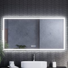   HD Firenze 150 cm széles fali szögletes LED okostükör ambient világítással, érintőkapcsolóval, digitális órával és páramentesítő funkcióval