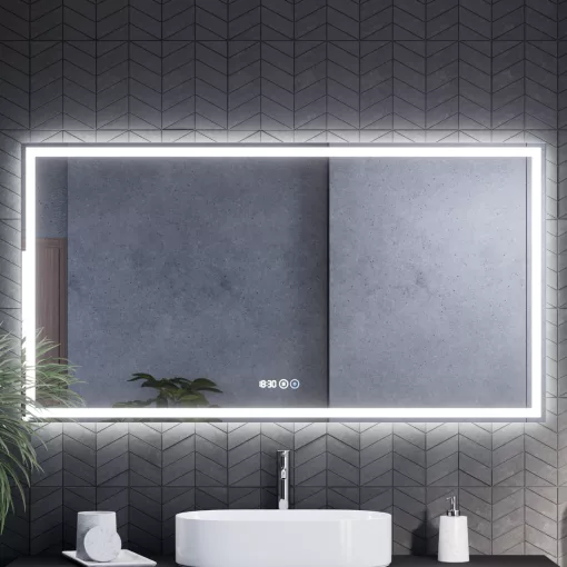 HD Firenze 150 cm széles fali szögletes LED okostükör ambient világítással, érintőkapcsolóval, digitális órával és páramentesítő funkcióval