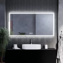 HD Firenze 150 cm széles fali szögletes LED okostükör ambient világítással, érintőkapcsolóval, digitális órával és páramentesítő funkcióval
