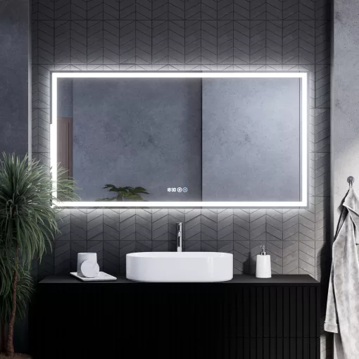 HD Firenze 150 cm széles fali szögletes LED okostükör ambient világítással, érintőkapcsolóval, digitális órával és páramentesítő funkcióval