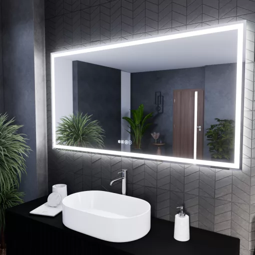 HD Firenze 150 cm széles fali szögletes LED okostükör ambient világítással, érintőkapcsolóval, digitális órával és páramentesítő funkcióval