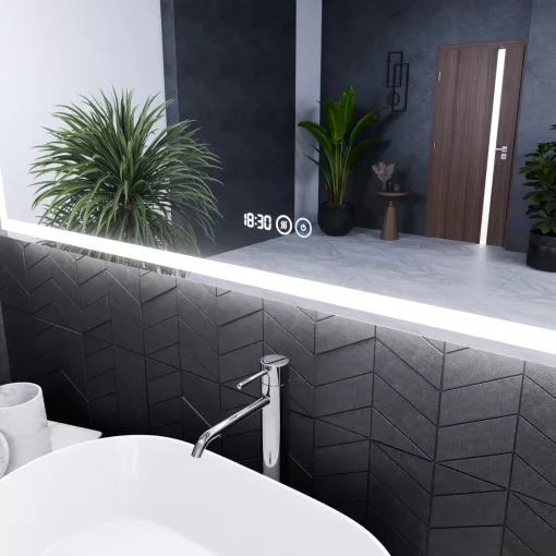 HD Firenze 150 cm széles fali szögletes LED okostükör ambient világítással, érintőkapcsolóval, digitális órával és páramentesítő funkcióval