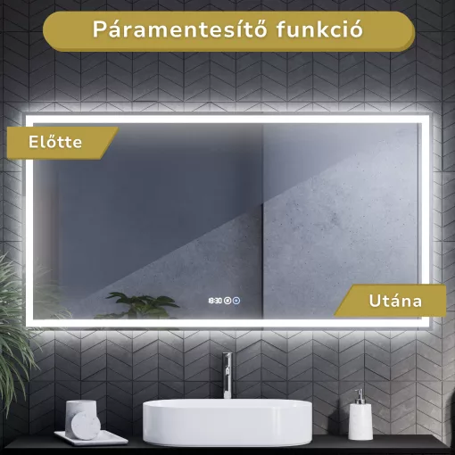 HD Firenze 150 cm széles fali szögletes LED okostükör ambient világítással, érintőkapcsolóval, digitális órával és páramentesítő funkcióval